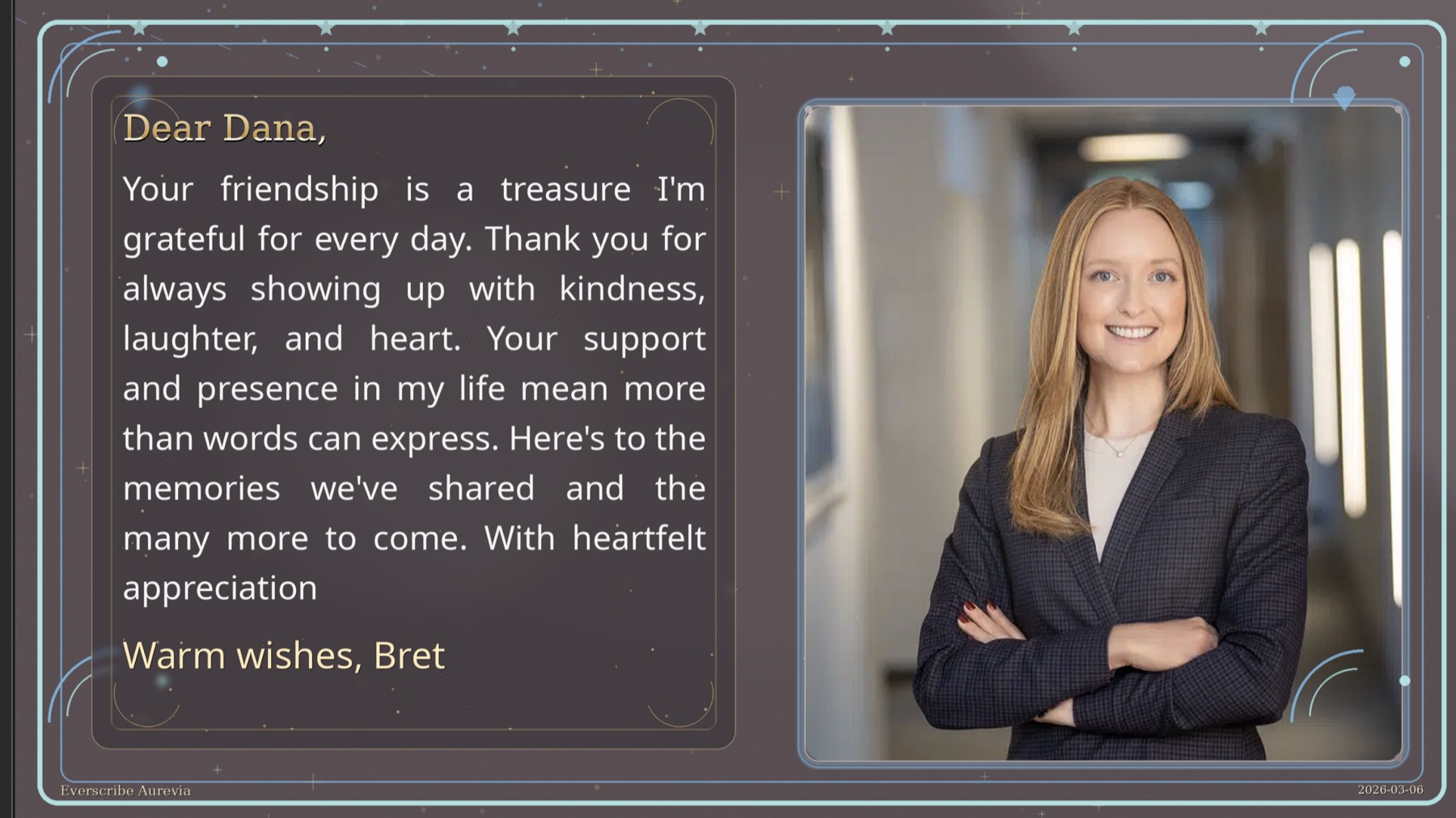 Friendship keepsake gift output with cool blue frame and portrait panel