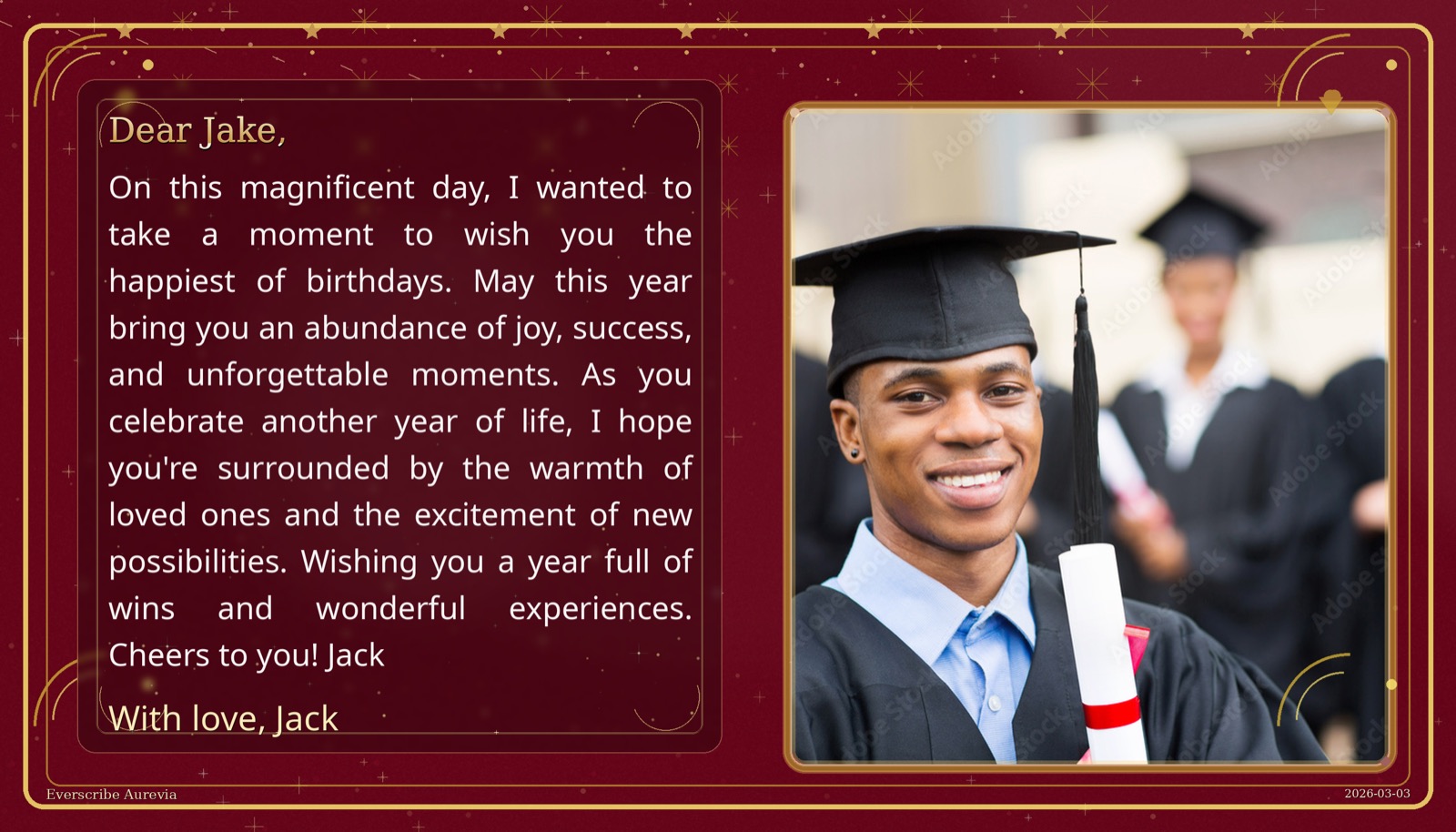 Milestone keepsake output with message and portrait panel