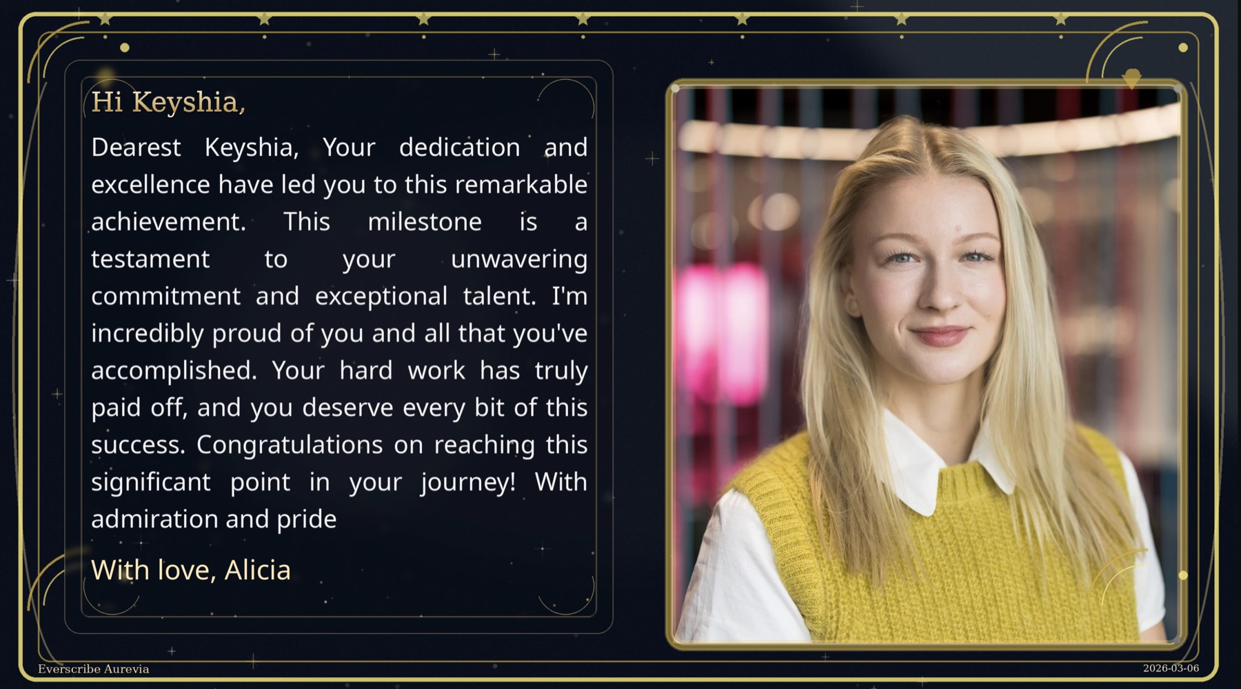 Premium dark-blue and gold keepsake output with celebratory tone